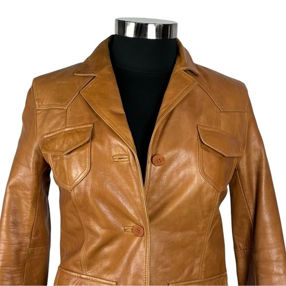 STEVE MADDEN Y2K RETRO 70'S CARAMEL LEATHER BUTTON DOWN CAR COAT JACKET - Picture 8 of 15